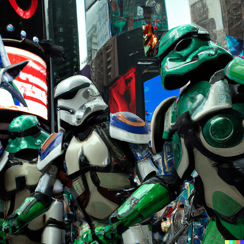 DALL·E 2022-08-05 09.23.34 - The Mandalorian Star Wars fighting Hydra Troopers in Times Square, Photograph