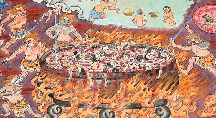 Depiction of Oni in Jigoku (Buddhist Hell) carrying out punishment to sinners. (I seriously hope this one is not too graphic for TTV boards or whatever)