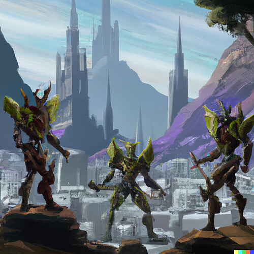 DALL·E 2022-08-25 19.33.25 - Bionicle Dungeons and Dragons mod, cover art for the dungeon master's handbook with the city of Metru Nui in the background, heroic stances, realist p