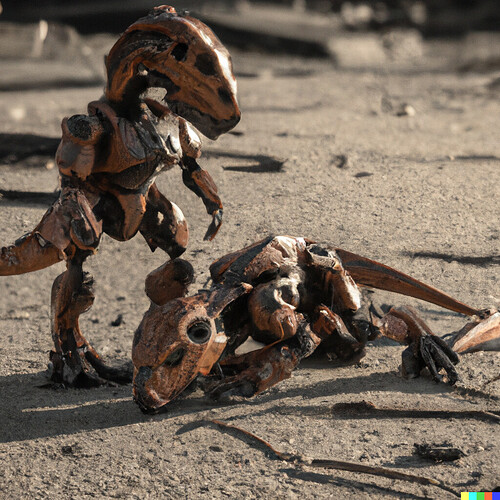 DALL·E 2022-08-06 21.16.30 - Bionicle dinosaurs with emotional sadness in the post-apocalypse of a golden age
